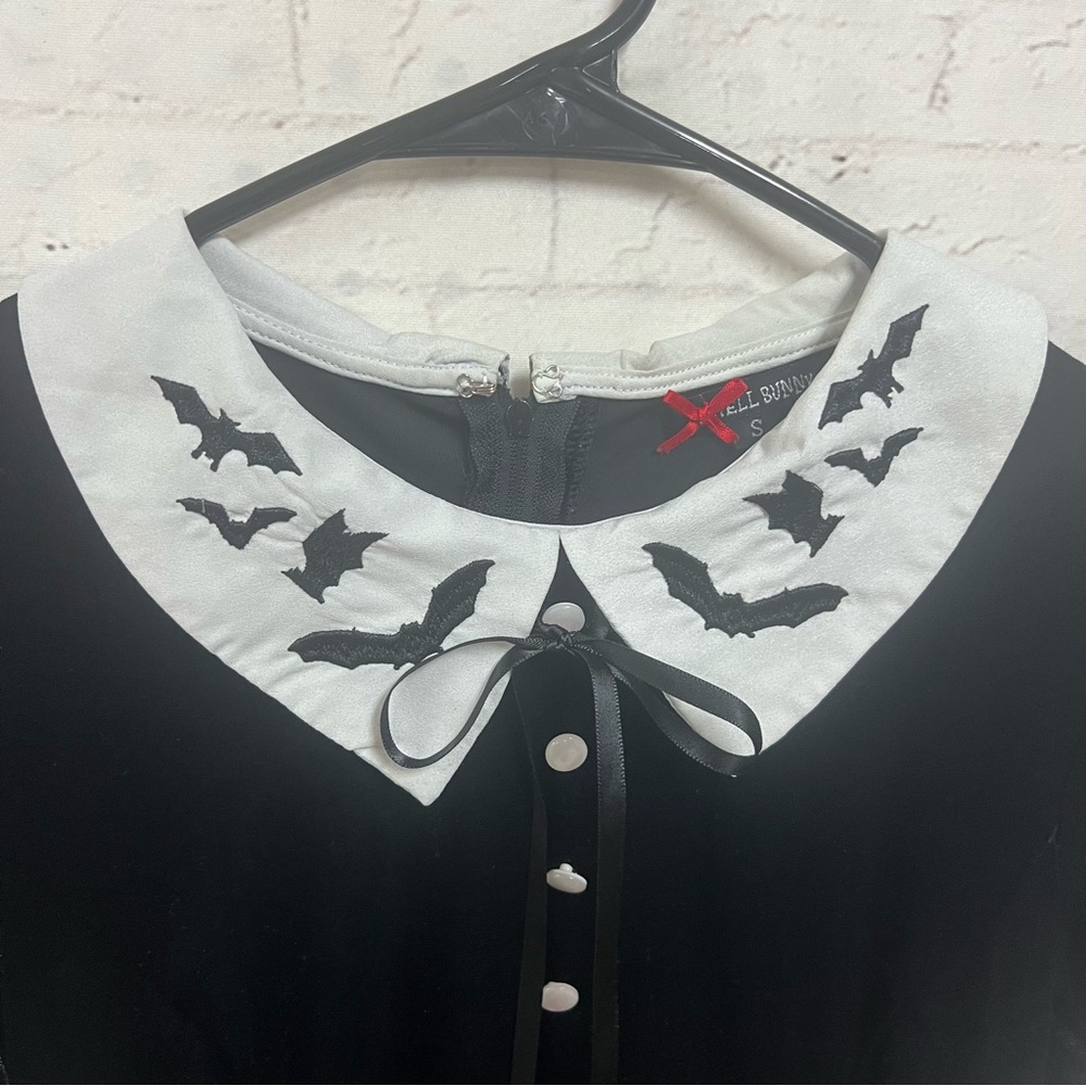 Hell Bunny Graveyard Bats Wednesday Addams Collar Black Velvet Dress Goth Small - Picture 2 of 10